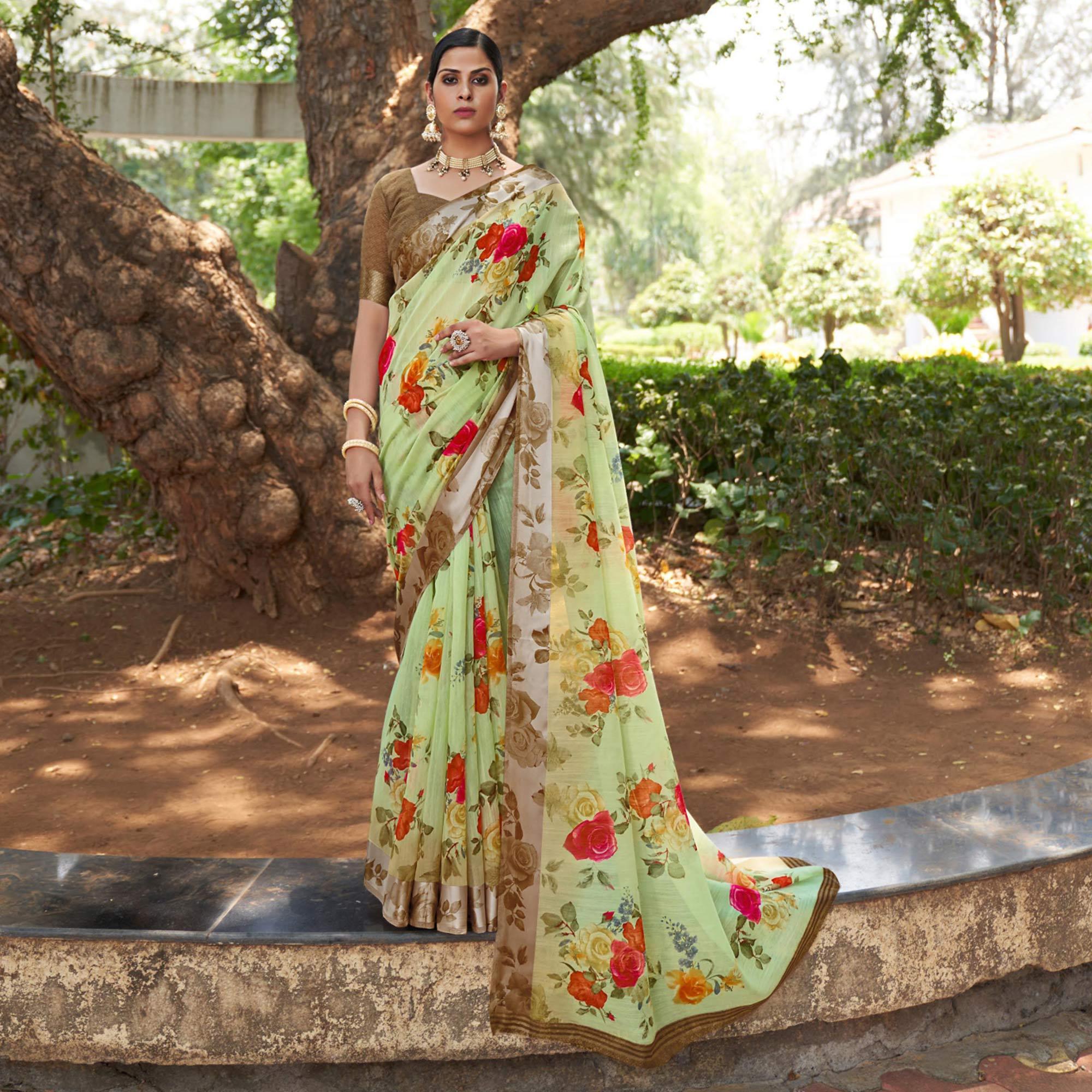 Green Floral Printed Linen Saree - Peachmode