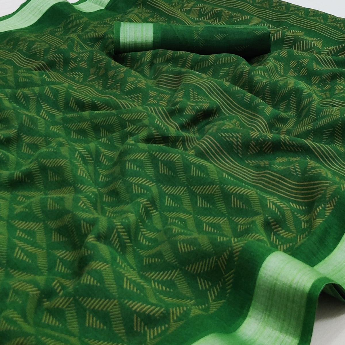 Green Floral Printed Linen Saree - Peachmode