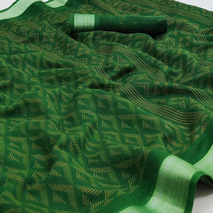 Green Floral Printed Linen Saree - Peachmode