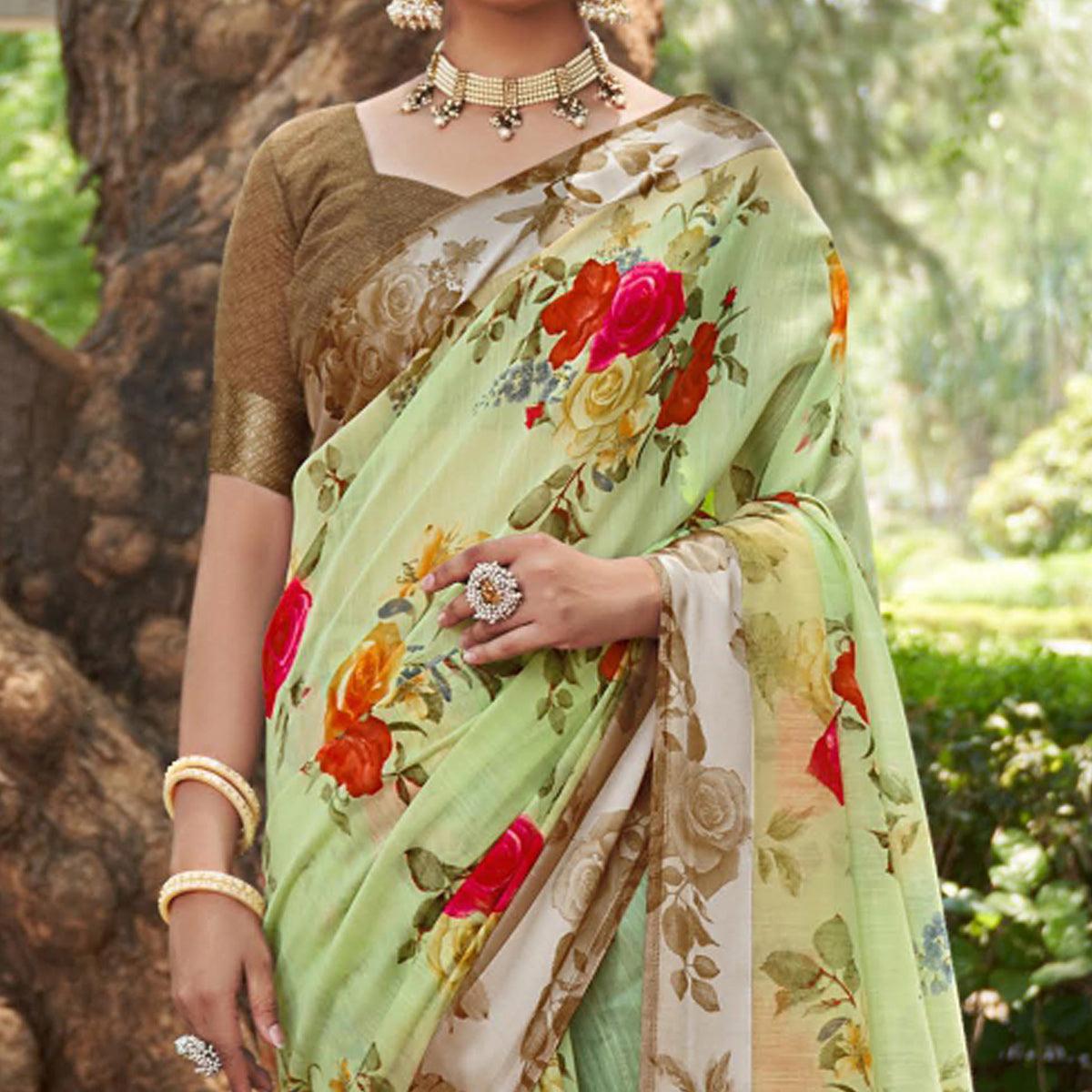 Green Floral Printed Linen Saree - Peachmode