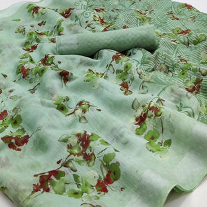Green Floral Printed Linen Saree - Peachmode