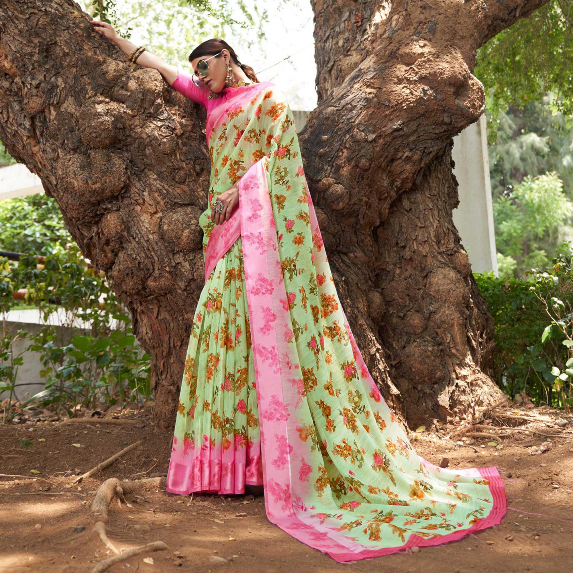 Green Floral Printed Linen Saree - Peachmode
