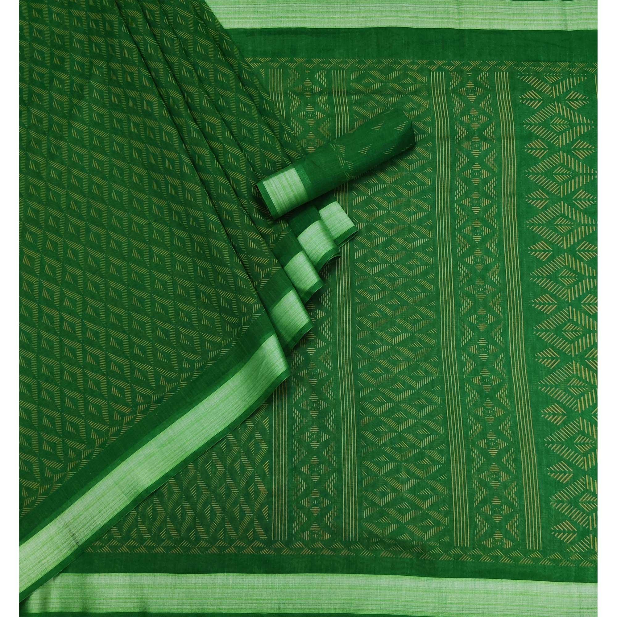 Green Floral Printed Linen Saree - Peachmode