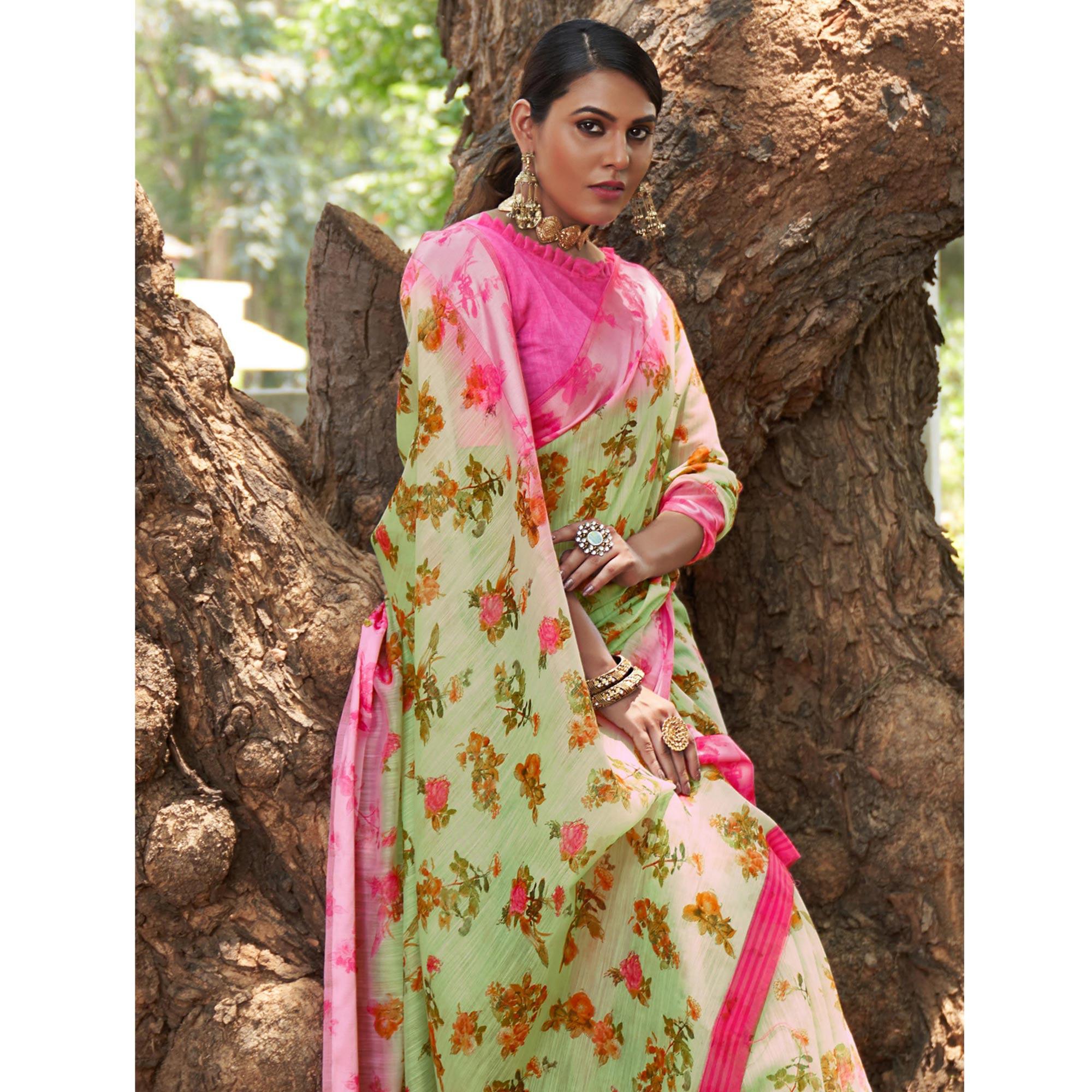 Green Floral Printed Linen Saree - Peachmode