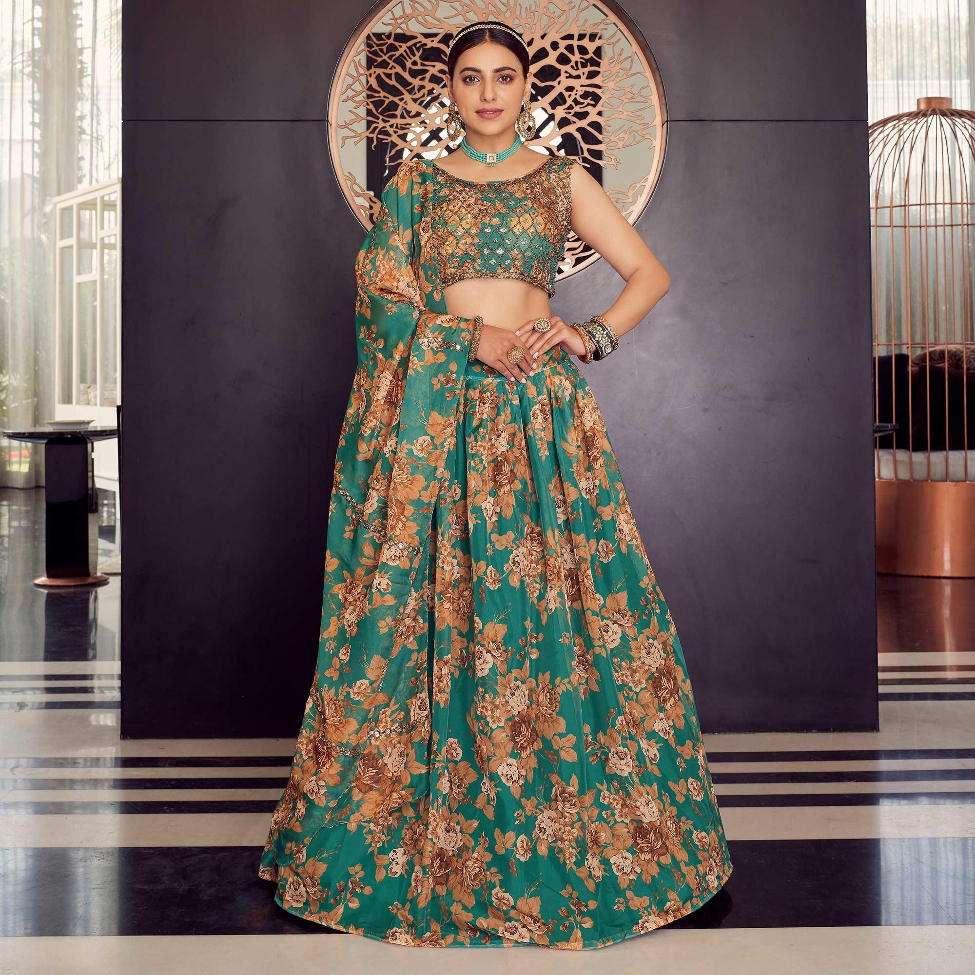 Green Floral Printed Organza Lehenga Choli - Peachmode