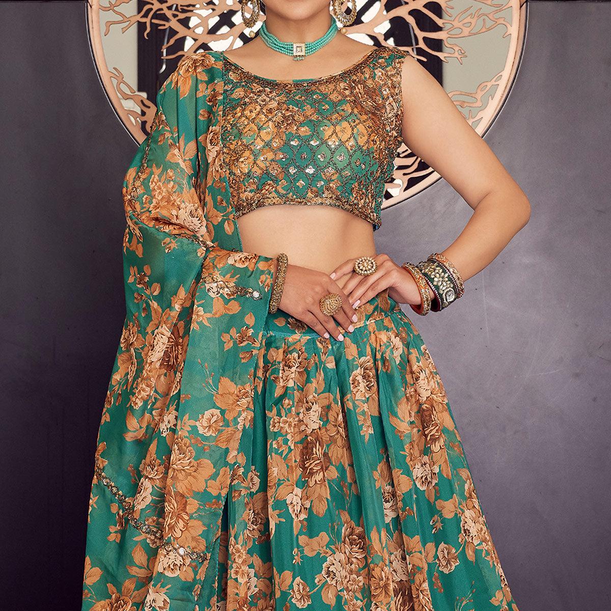 Green Floral Printed Organza Lehenga Choli - Peachmode