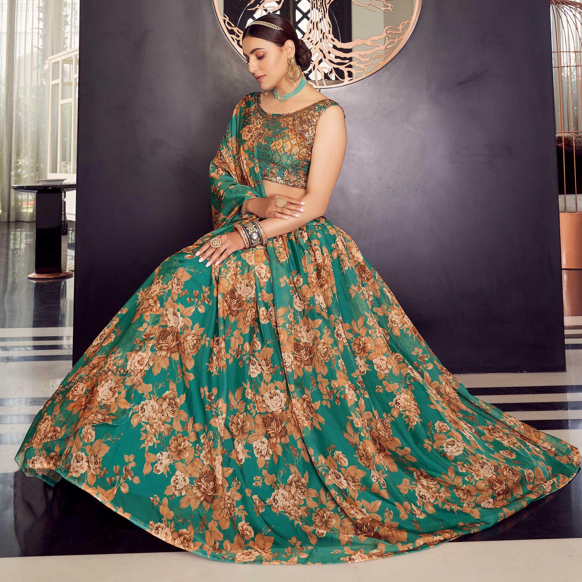 Green Floral Printed Organza Lehenga Choli - Peachmode