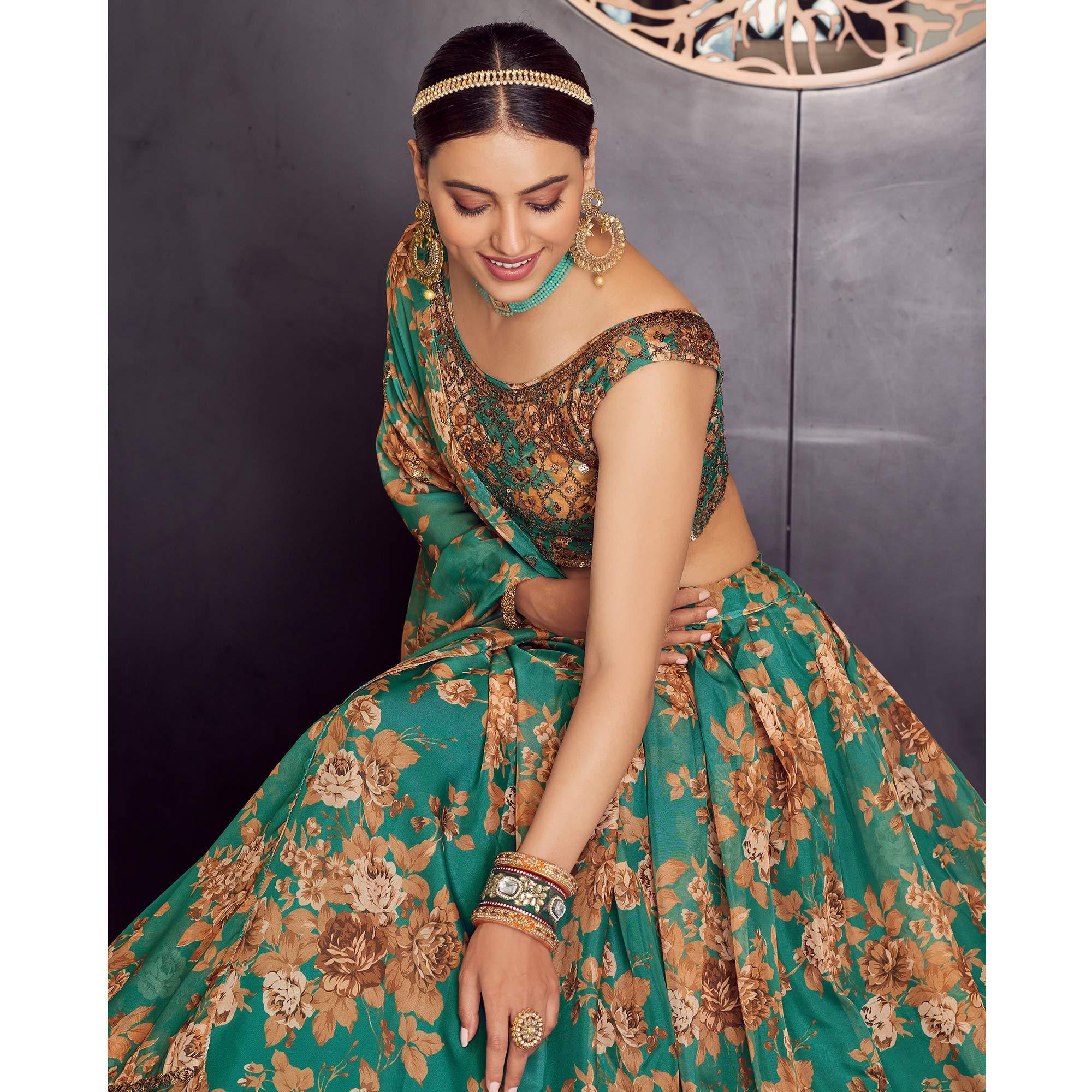 Green Floral Printed Organza Lehenga Choli - Peachmode