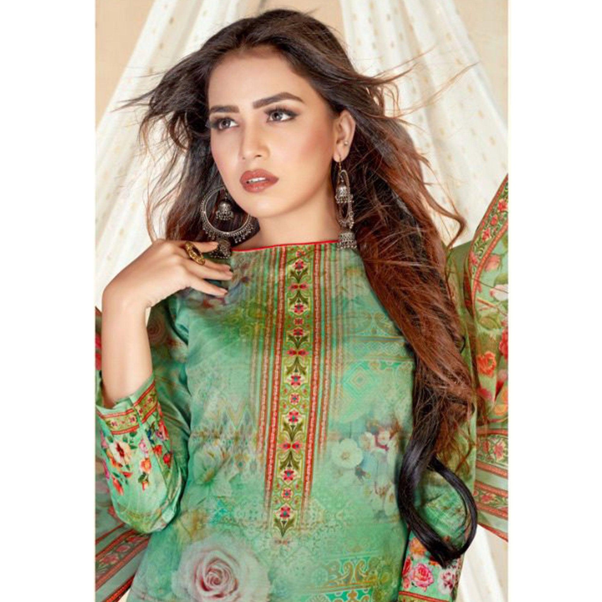 Green Floral Printed Poly Cotton Dress Material - Peachmode