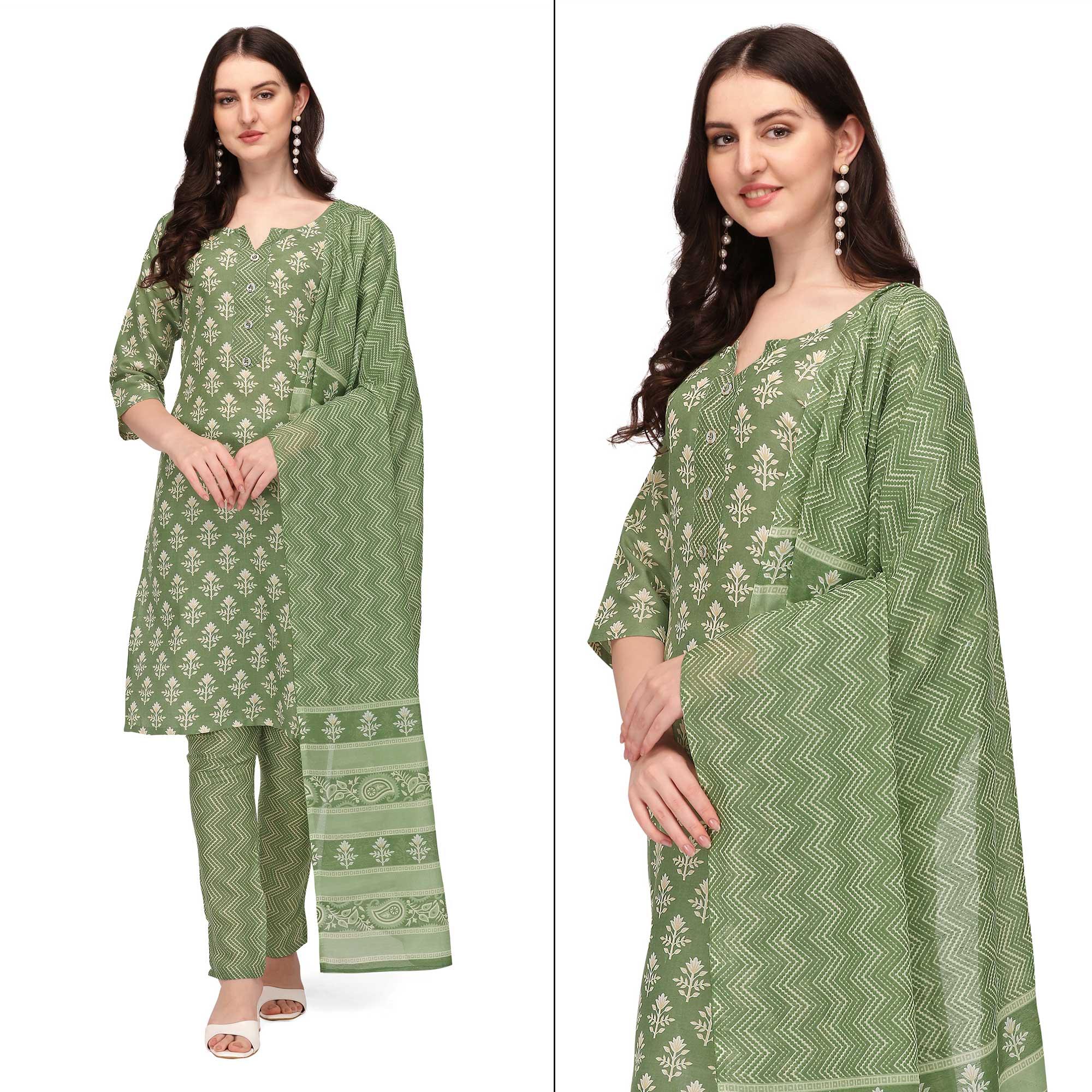 Green Floral Printed Poly Cotton Kurti Pant Set With Dupatta - Peachmode