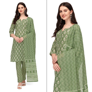 Green Floral Printed Poly Cotton Kurti Pant Set With Dupatta - Peachmode