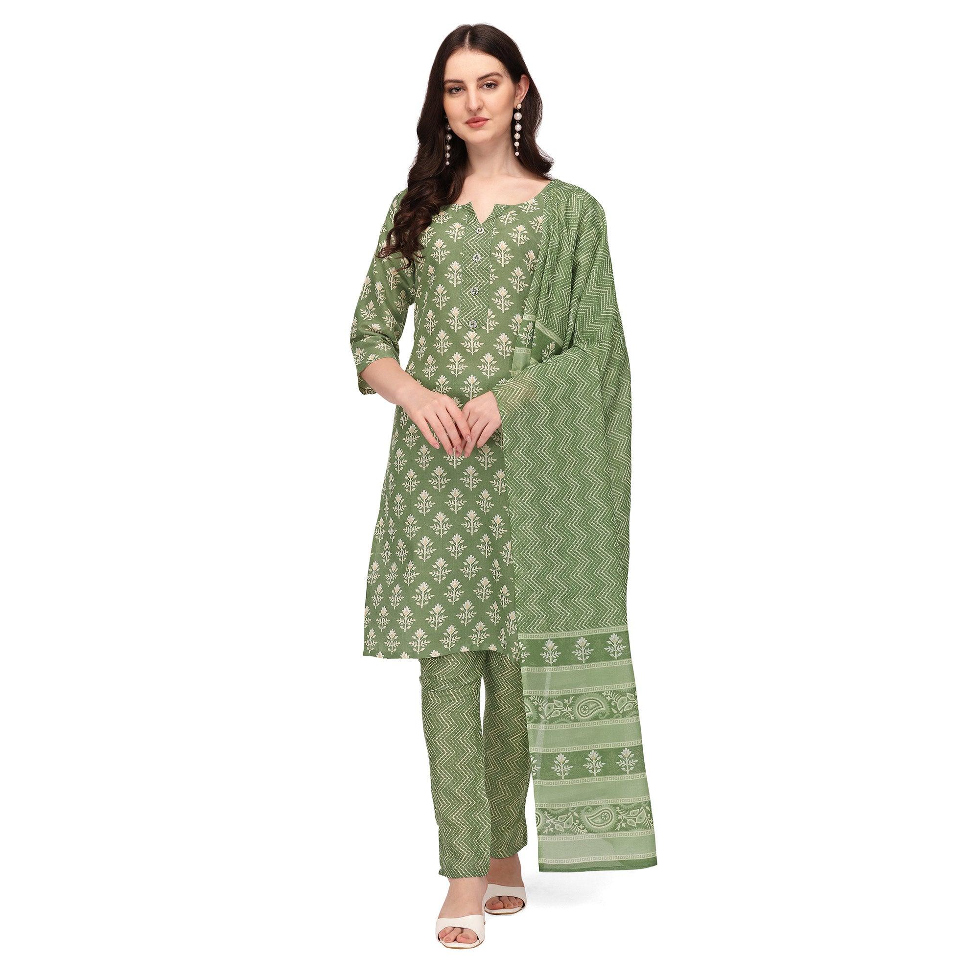 Green Floral Printed Poly Cotton Kurti Pant Set With Dupatta - Peachmode