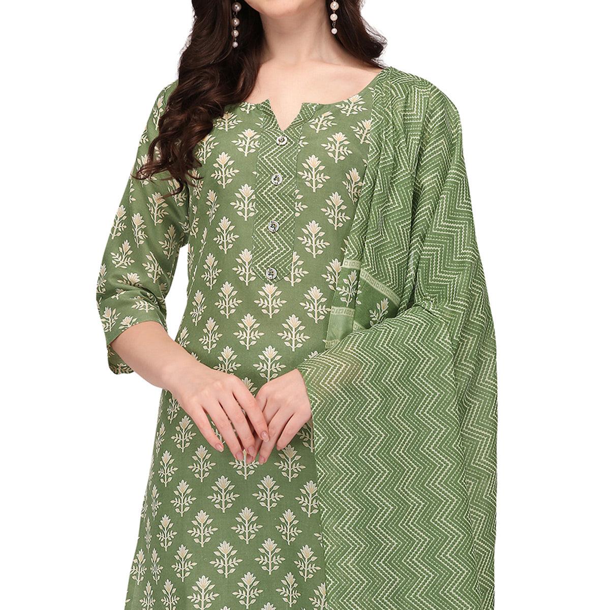 Green Floral Printed Poly Cotton Kurti Pant Set With Dupatta - Peachmode