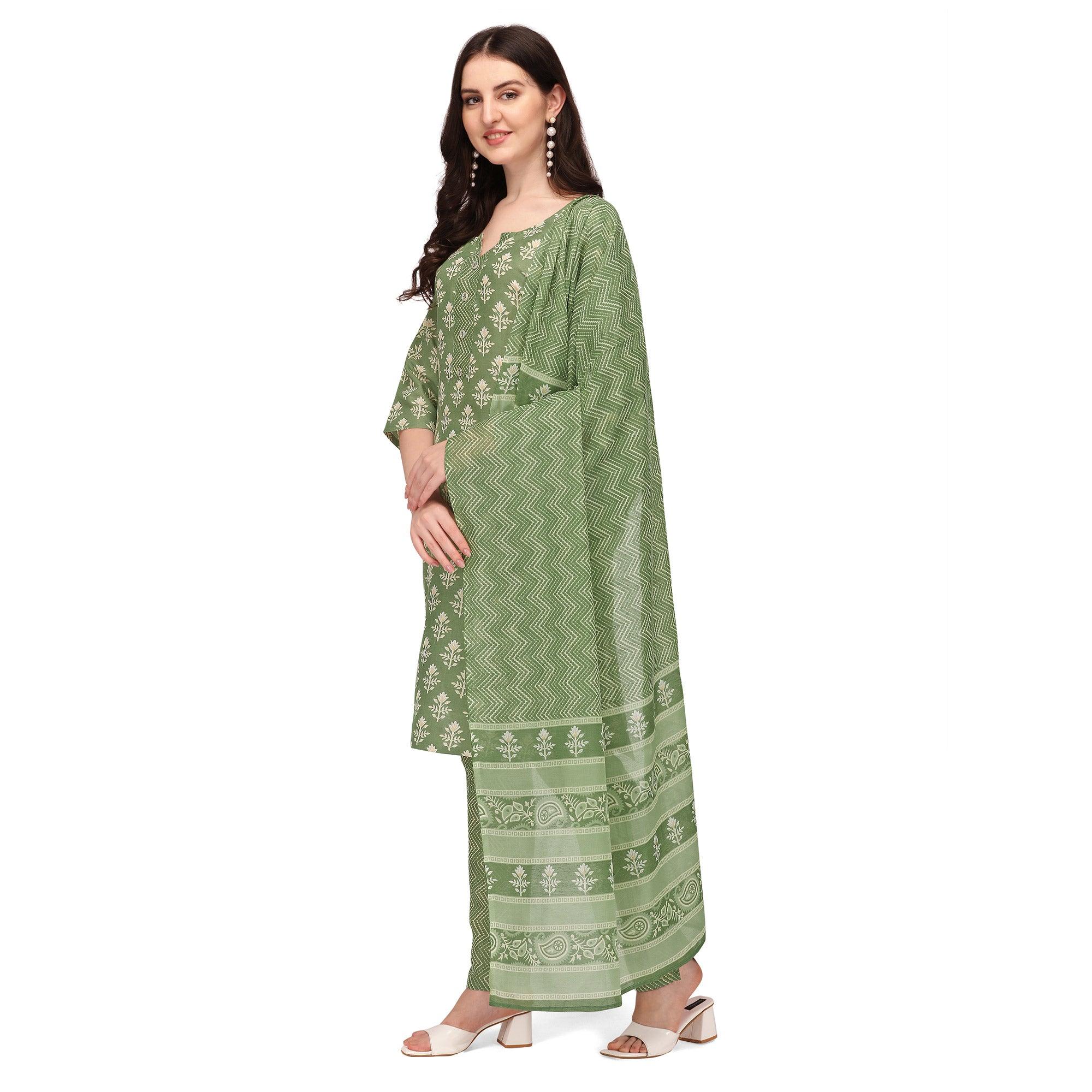 Green Floral Printed Poly Cotton Kurti Pant Set With Dupatta - Peachmode