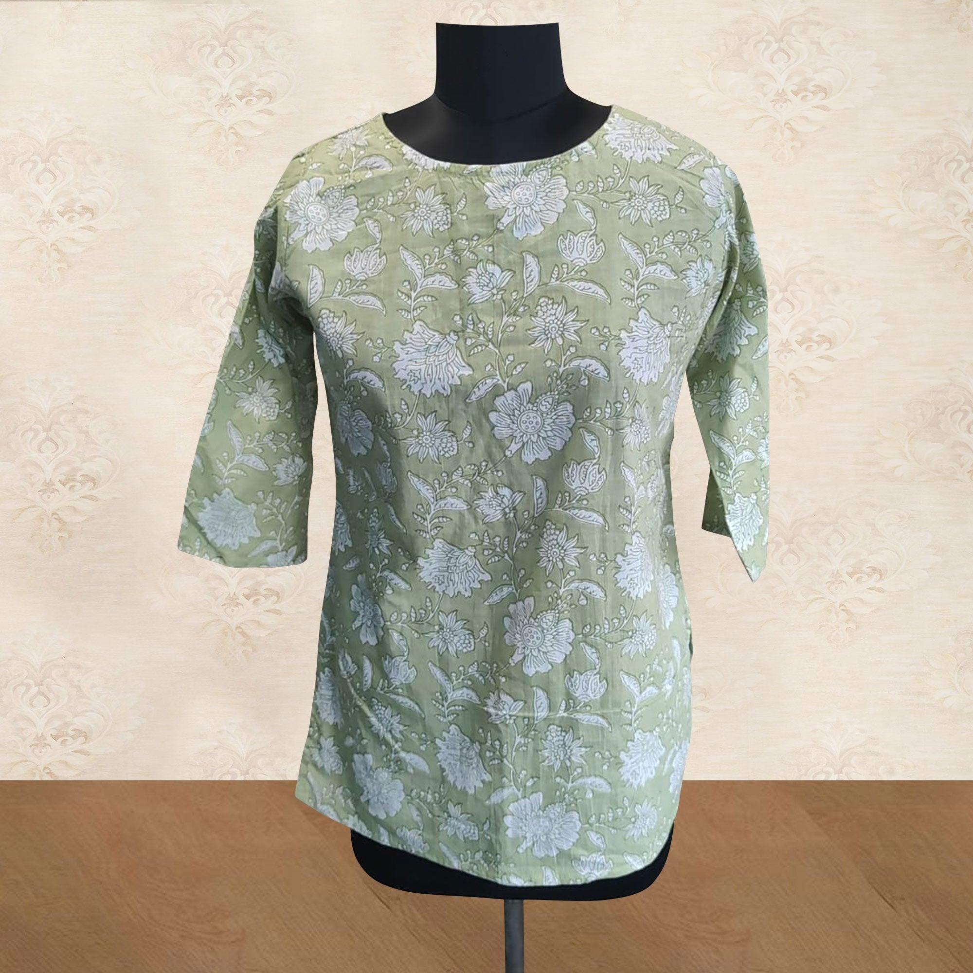 Green Floral Printed Poly Cotton Top - Peachmode