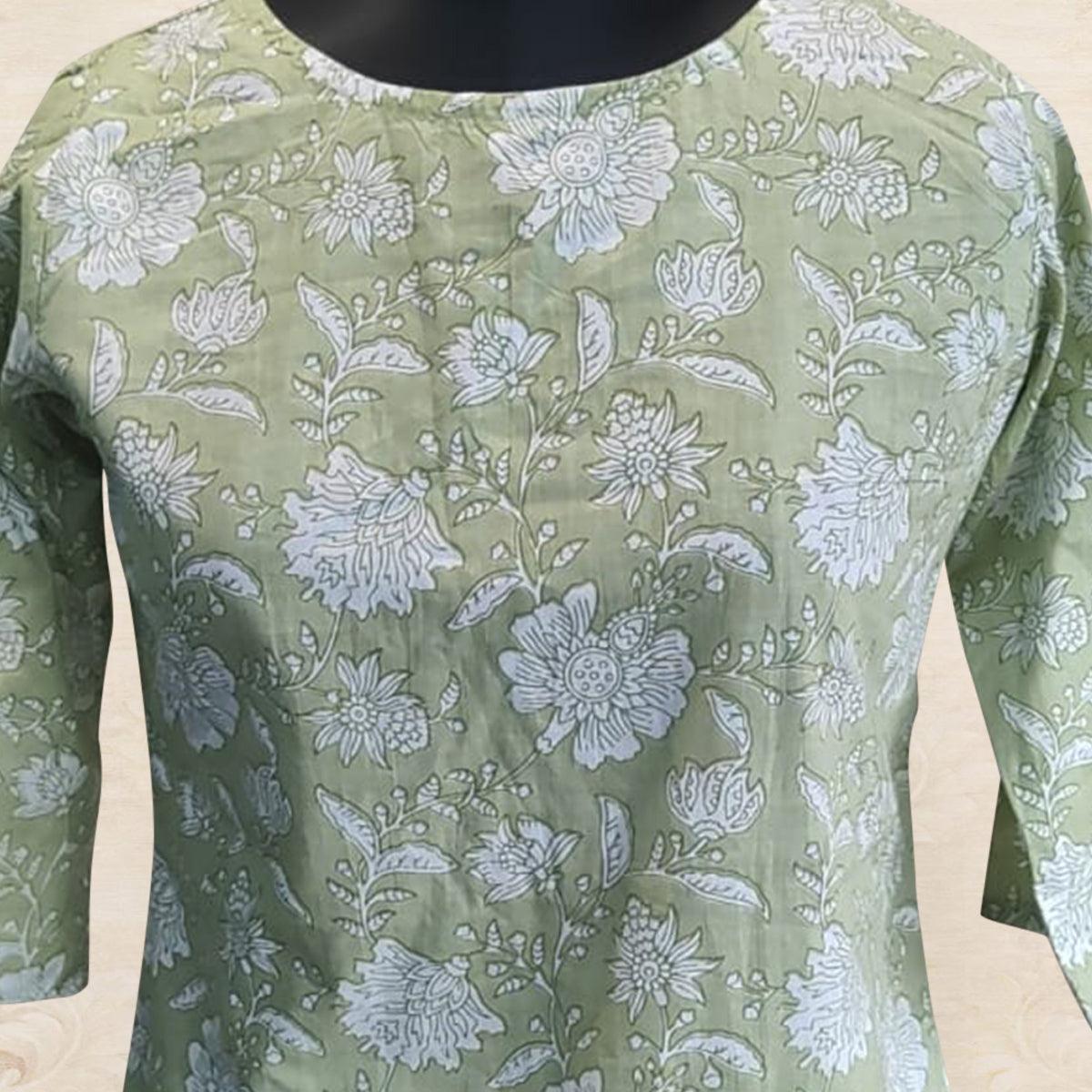 Green Floral Printed Poly Cotton Top - Peachmode