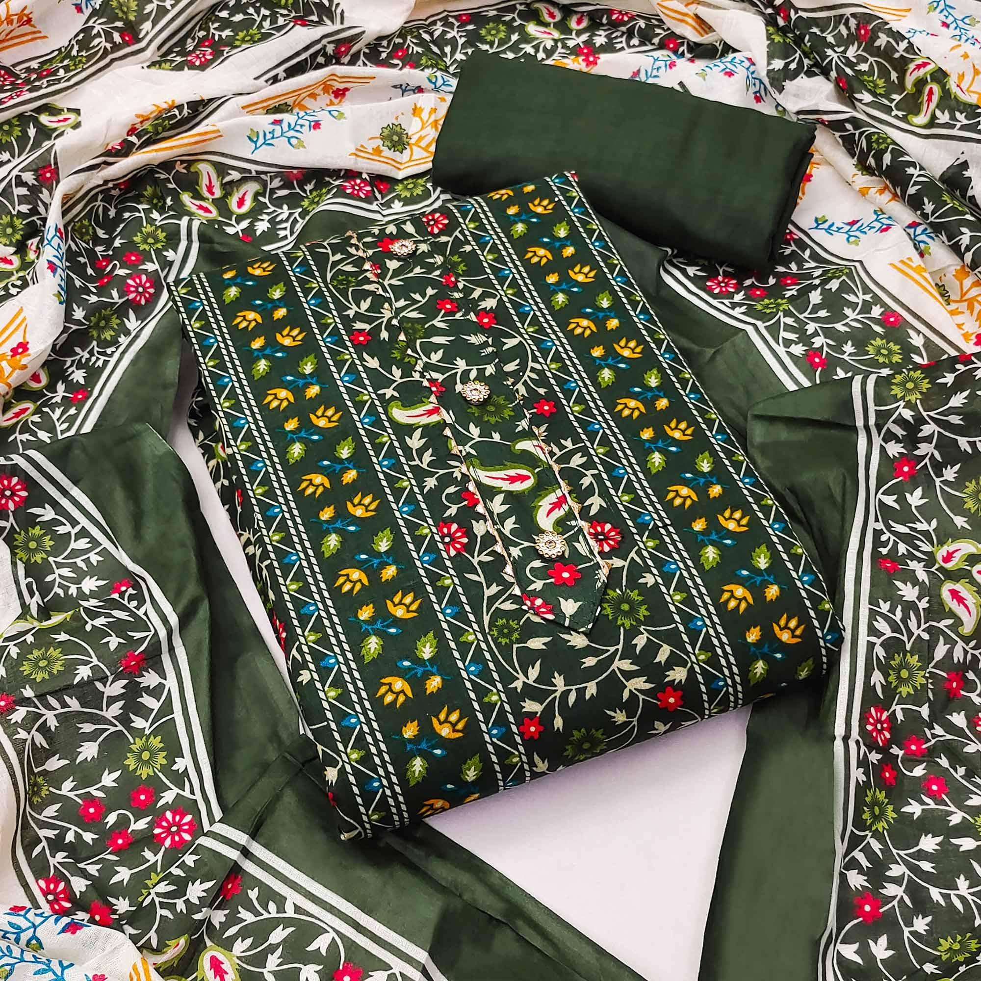 Green Floral Printed Pure Cotton Dress Material - Peachmode