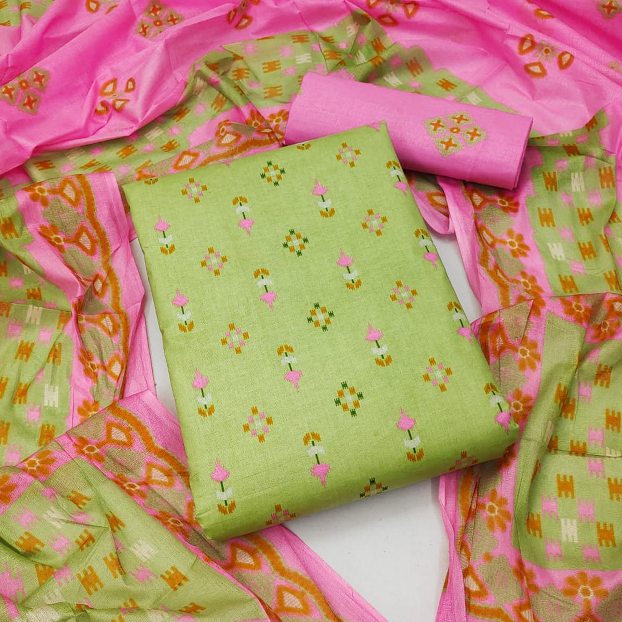 Green Floral Printed Pure Cotton Dress Material - Peachmode