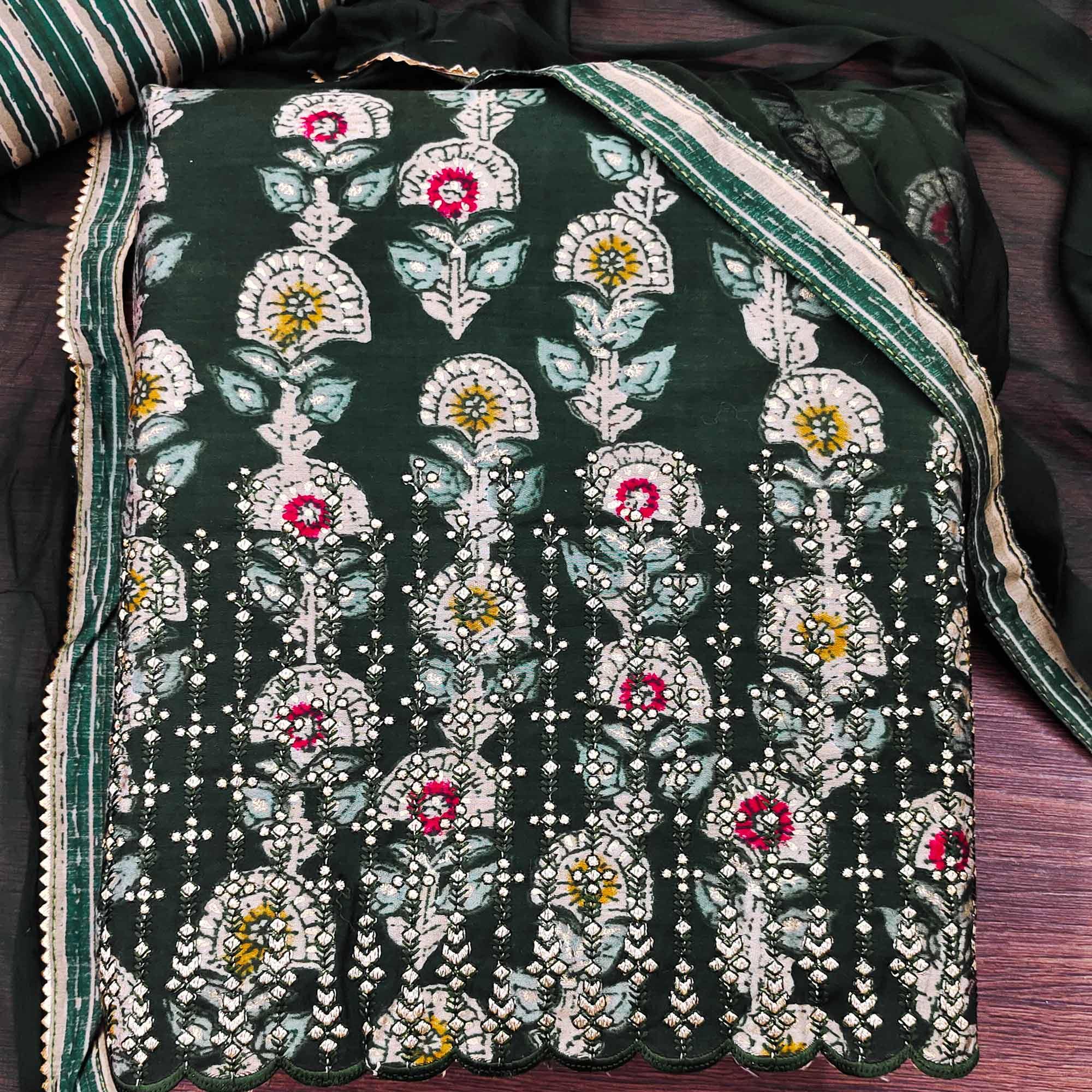 Green Floral Printed Pure Cotton Dress Material - Peachmode