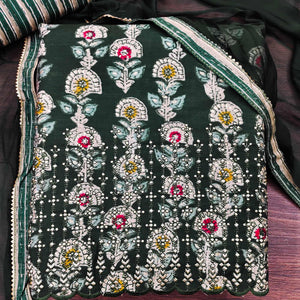 Green Floral Printed Pure Cotton Dress Material - Peachmode