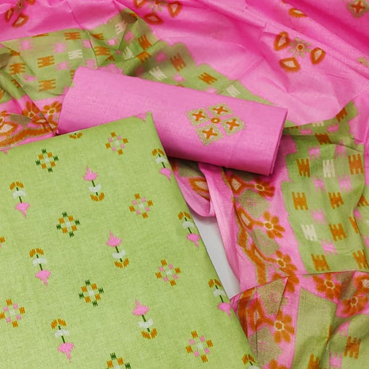 Green Floral Printed Pure Cotton Dress Material - Peachmode