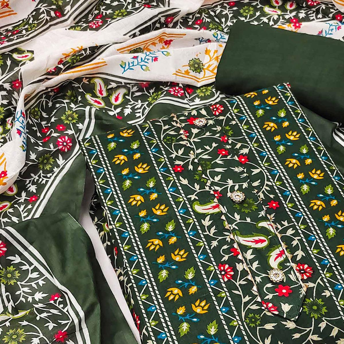 Green Floral Printed Pure Cotton Dress Material - Peachmode