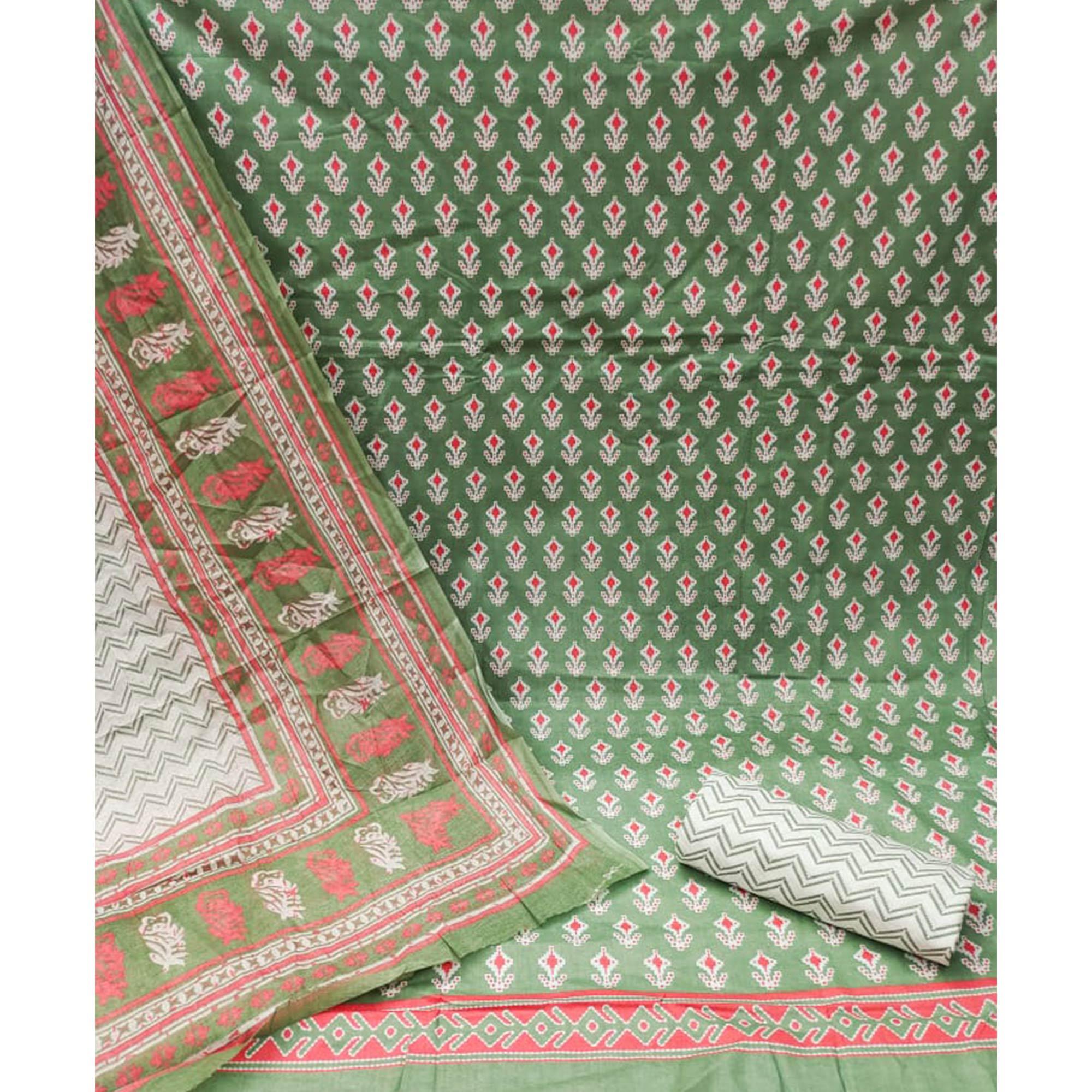 Green Floral Printed Pure Cotton Dress Material - Peachmode