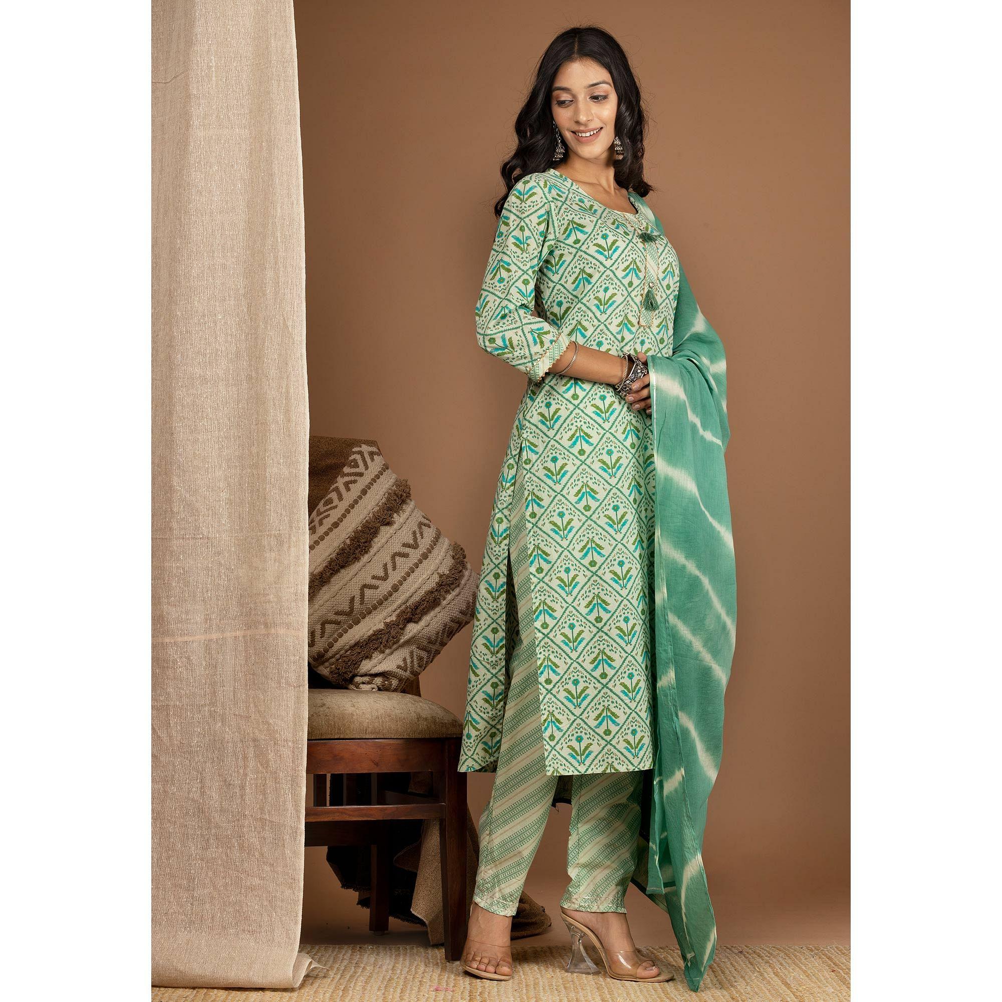 Green Floral Printed Pure Cotton Kurti Pant Set With Dupatta - Peachmode