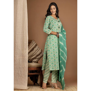 Green Floral Printed Pure Cotton Kurti Pant Set With Dupatta - Peachmode