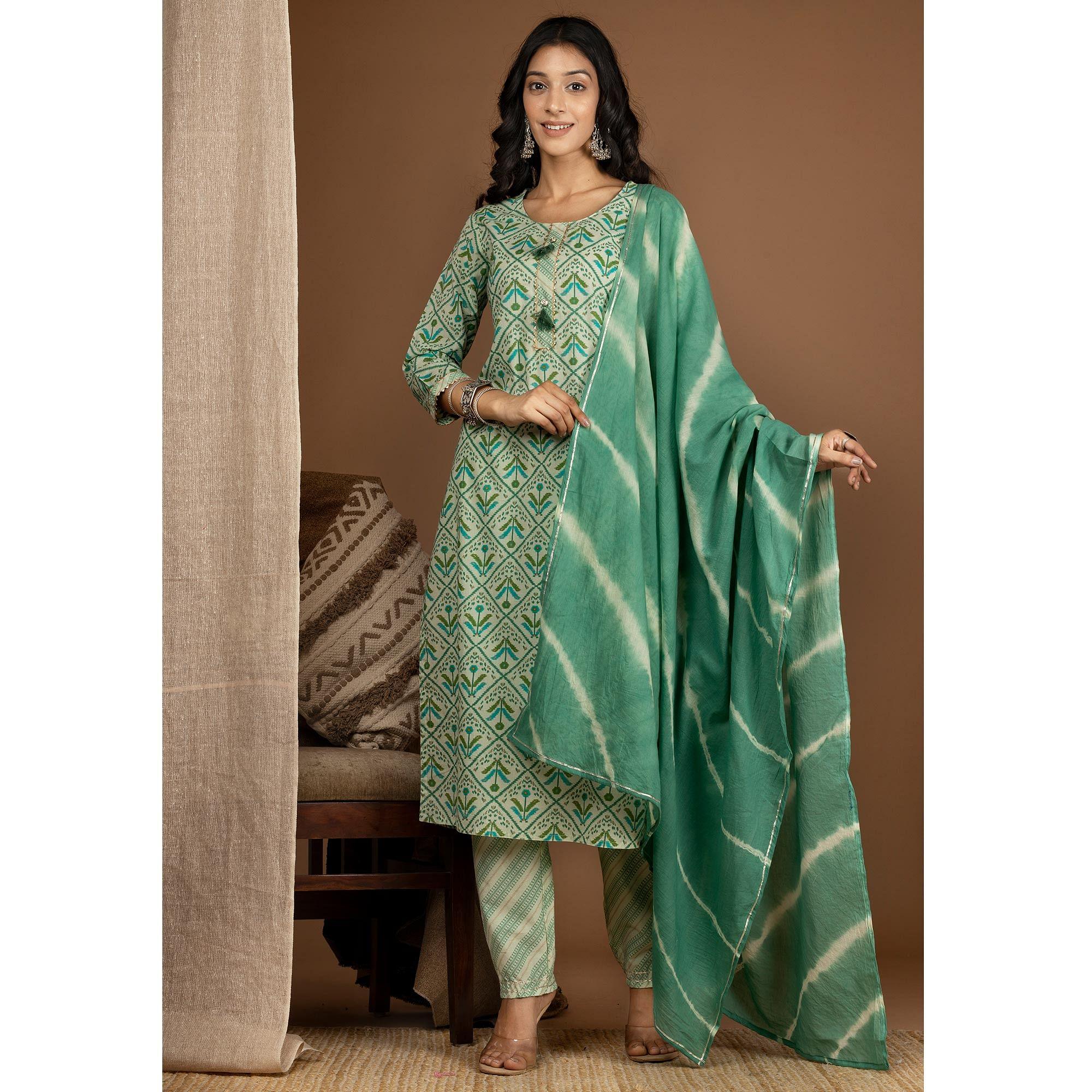 Green Floral Printed Pure Cotton Kurti Pant Set With Dupatta - Peachmode