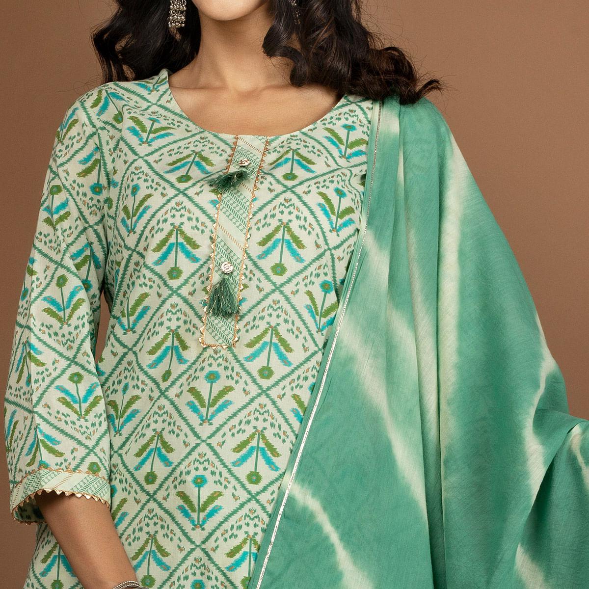 Green Floral Printed Pure Cotton Kurti Pant Set With Dupatta - Peachmode