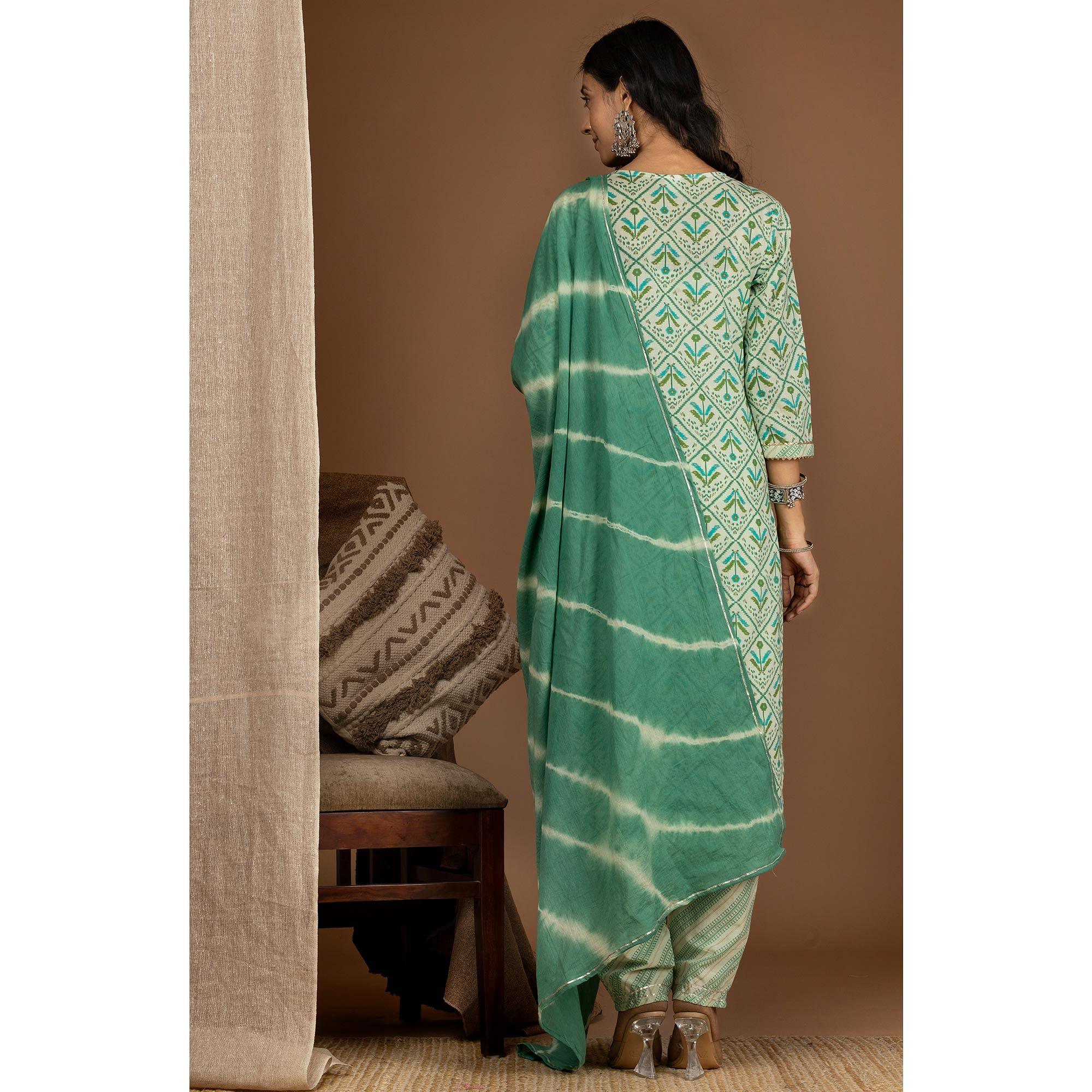 Green Floral Printed Pure Cotton Kurti Pant Set With Dupatta - Peachmode