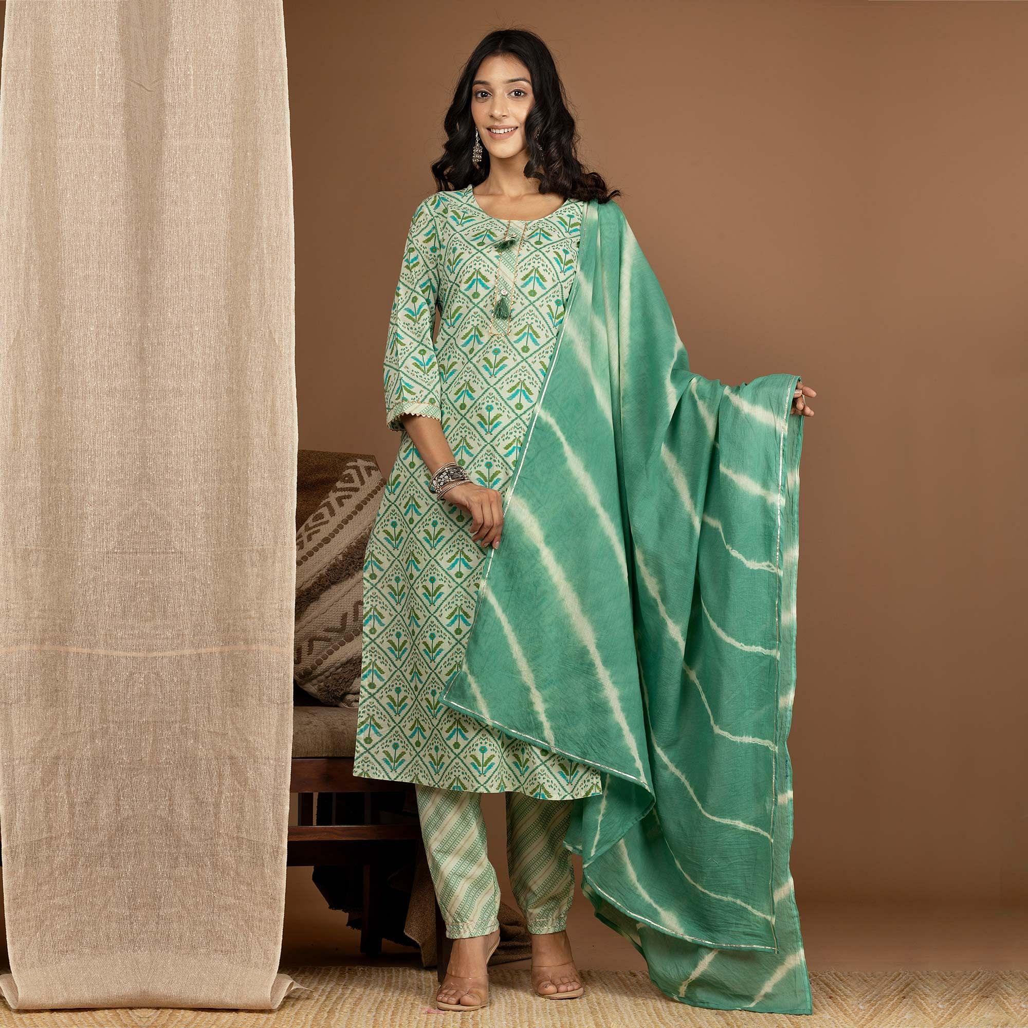 Green Floral Printed Pure Cotton Kurti Pant Set With Dupatta - Peachmode