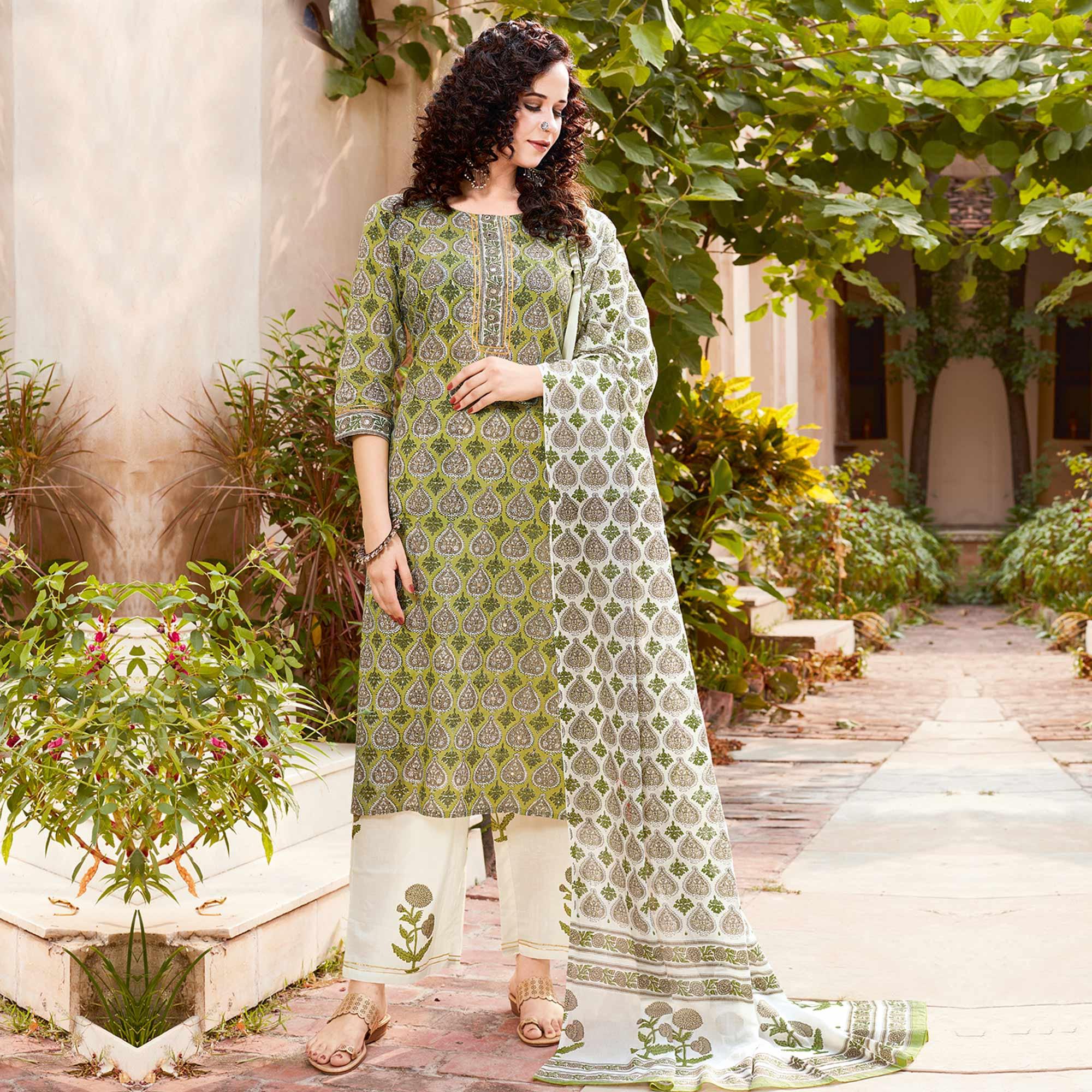 Green Floral Printed Pure Cotton Salwar Suit - Peachmode