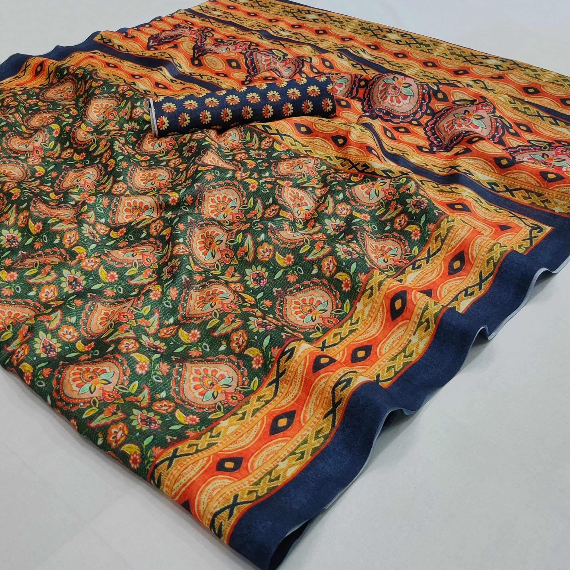 Green Floral Printed Pure Cotton Saree - Peachmode