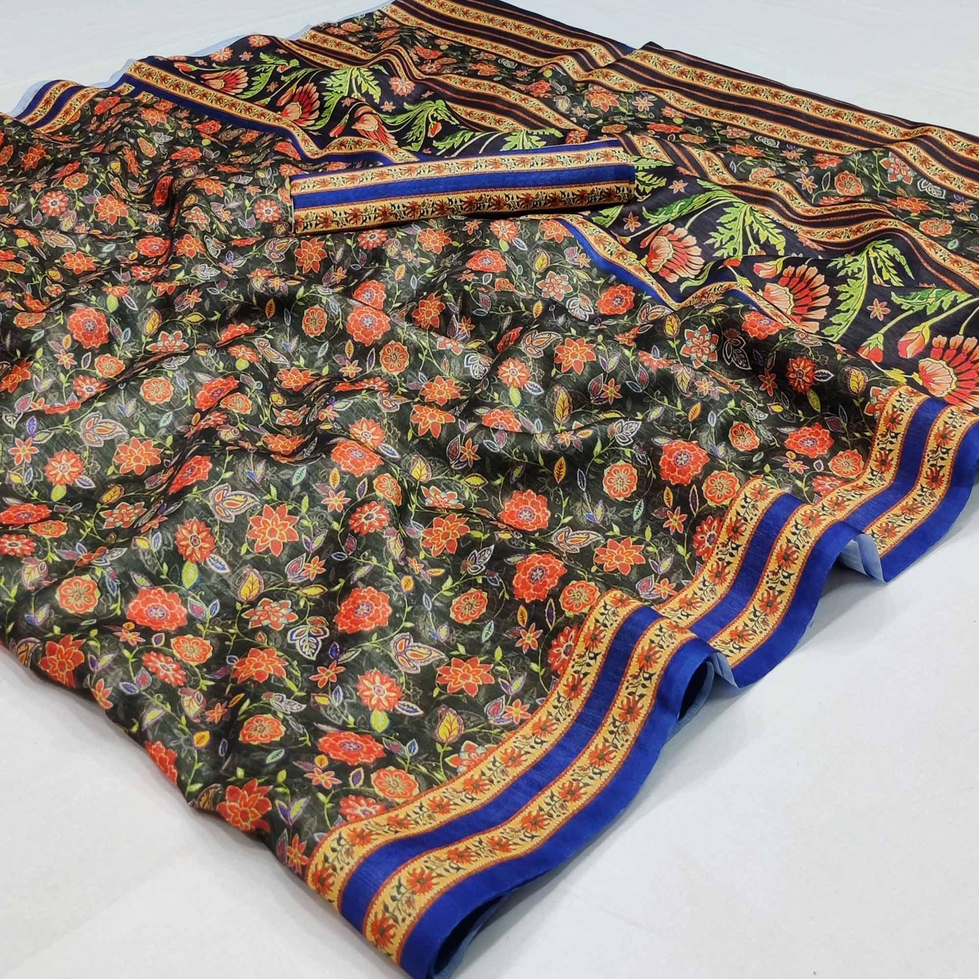 Green Floral Printed Pure Cotton Saree - Peachmode