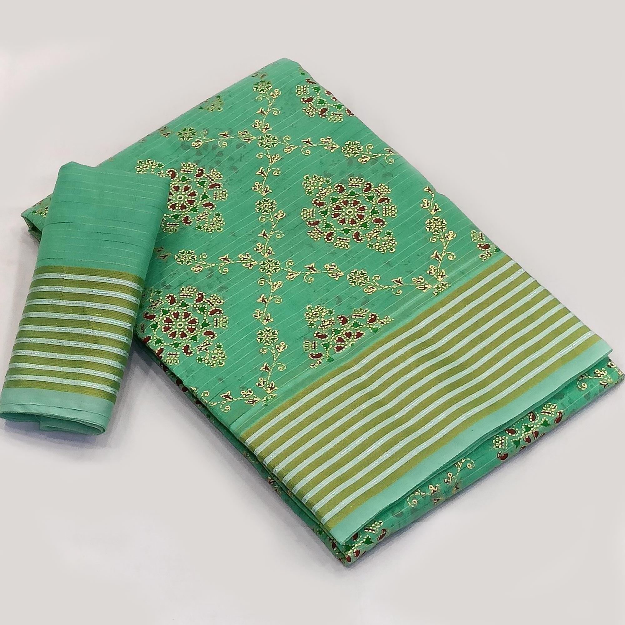 Green Floral Printed Pure Cotton Saree - Peachmode