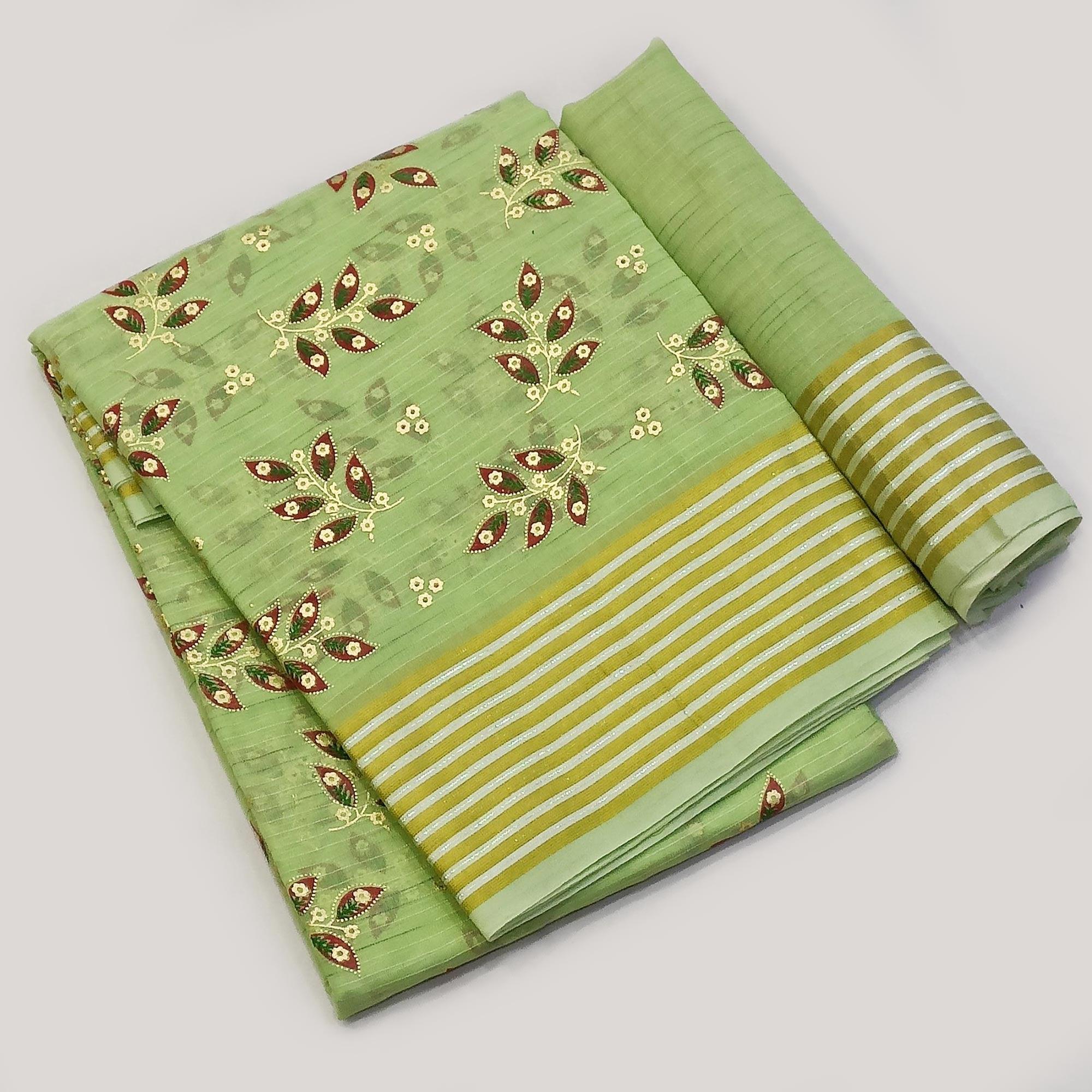 Green Floral Printed Pure Cotton Saree - Peachmode