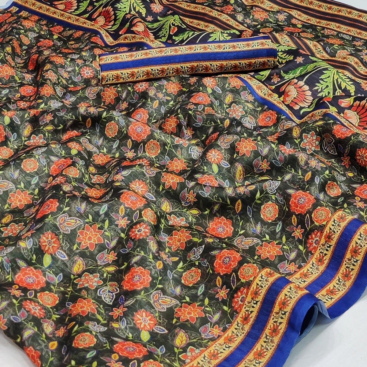 Green Floral Printed Pure Cotton Saree - Peachmode