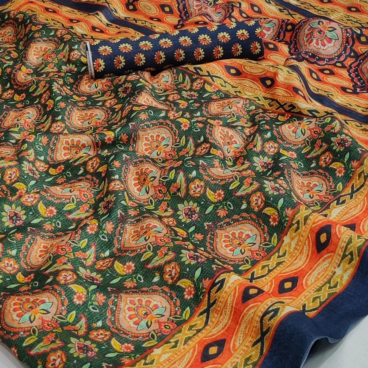 Green Floral Printed Pure Cotton Saree - Peachmode