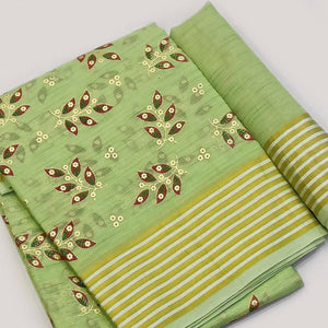 Green Floral Printed Pure Cotton Saree - Peachmode