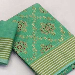 Green Floral Printed Pure Cotton Saree - Peachmode