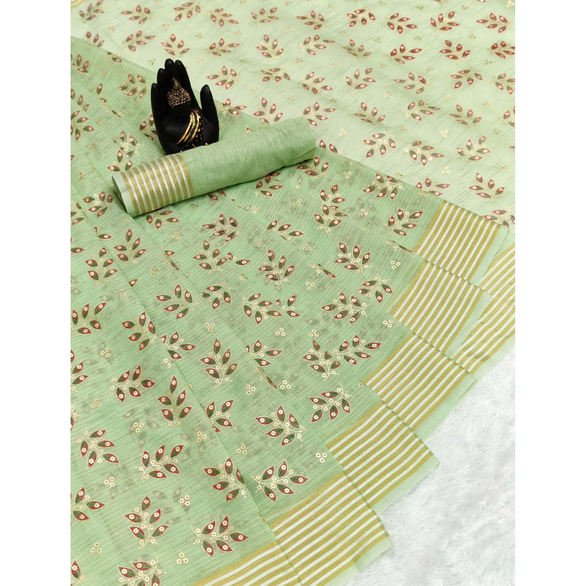 Green Floral Printed Pure Cotton Saree - Peachmode