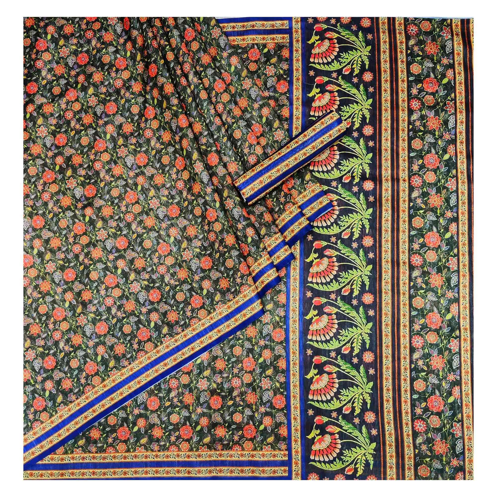 Green Floral Printed Pure Cotton Saree - Peachmode