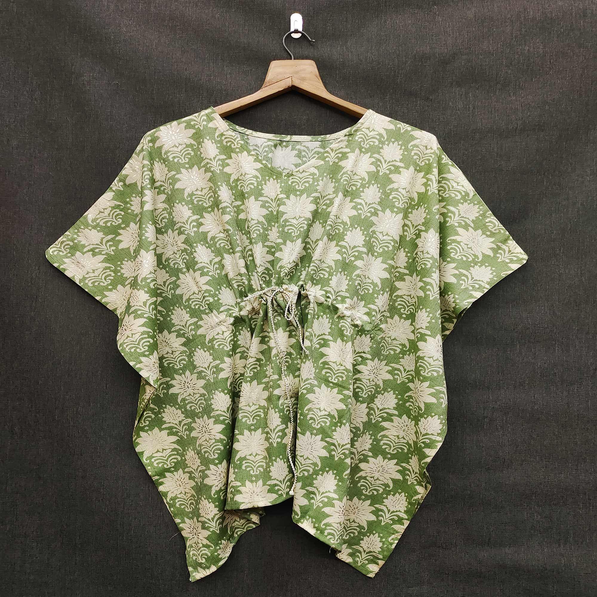 Green Floral Printed Rayon Kaftan Top - Peachmode