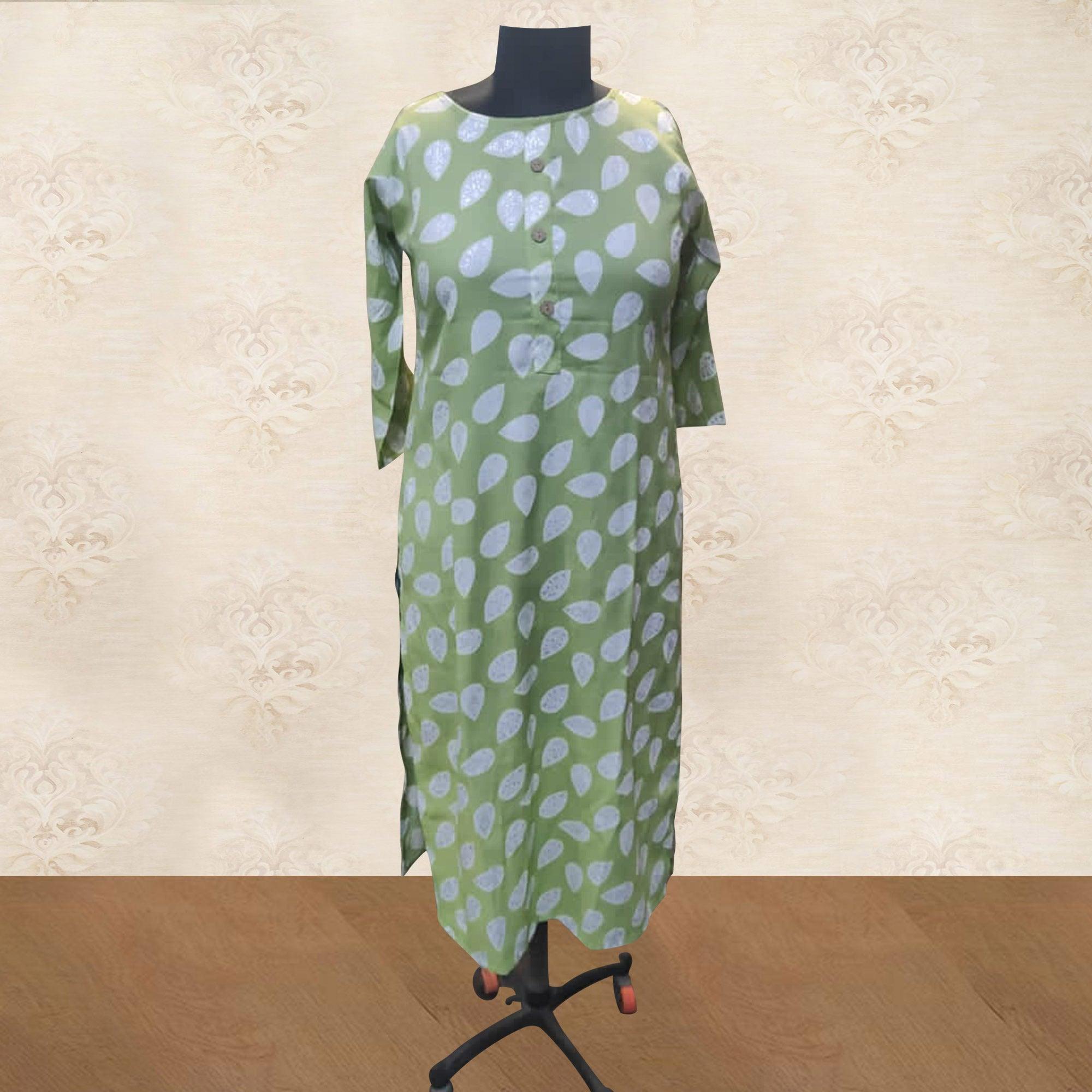 Green Floral Printed Rayon Kurti - Peachmode