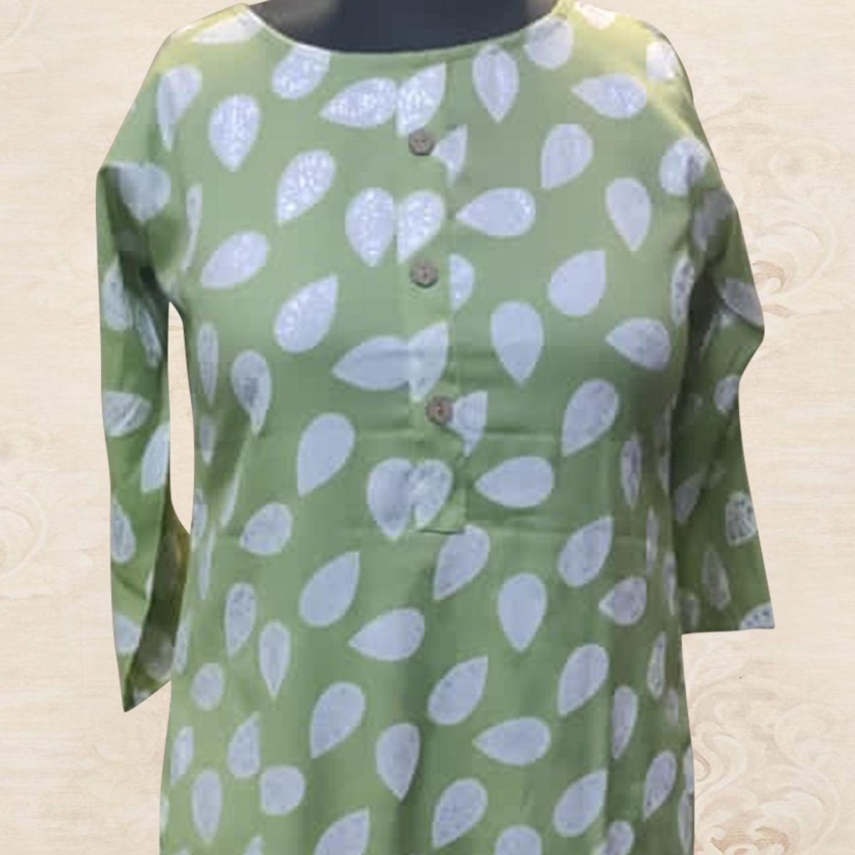 Green Floral Printed Rayon Kurti - Peachmode
