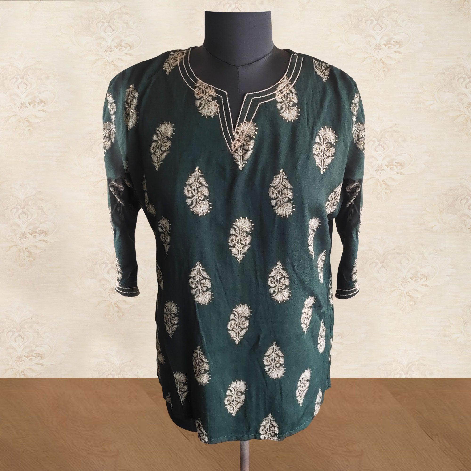 Green Floral Printed Rayon Top - Peachmode