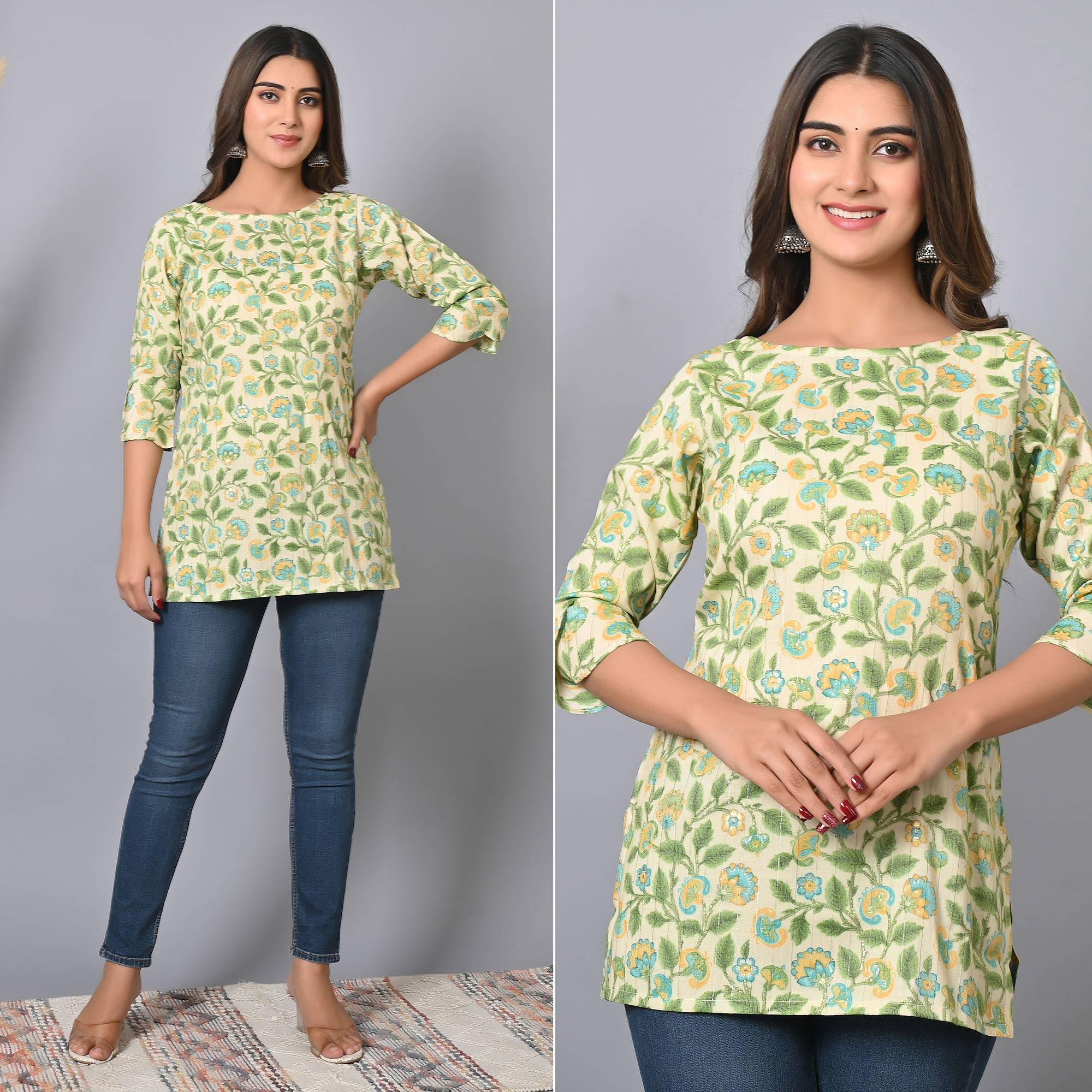 Green Floral Printed Rayon Top - Peachmode