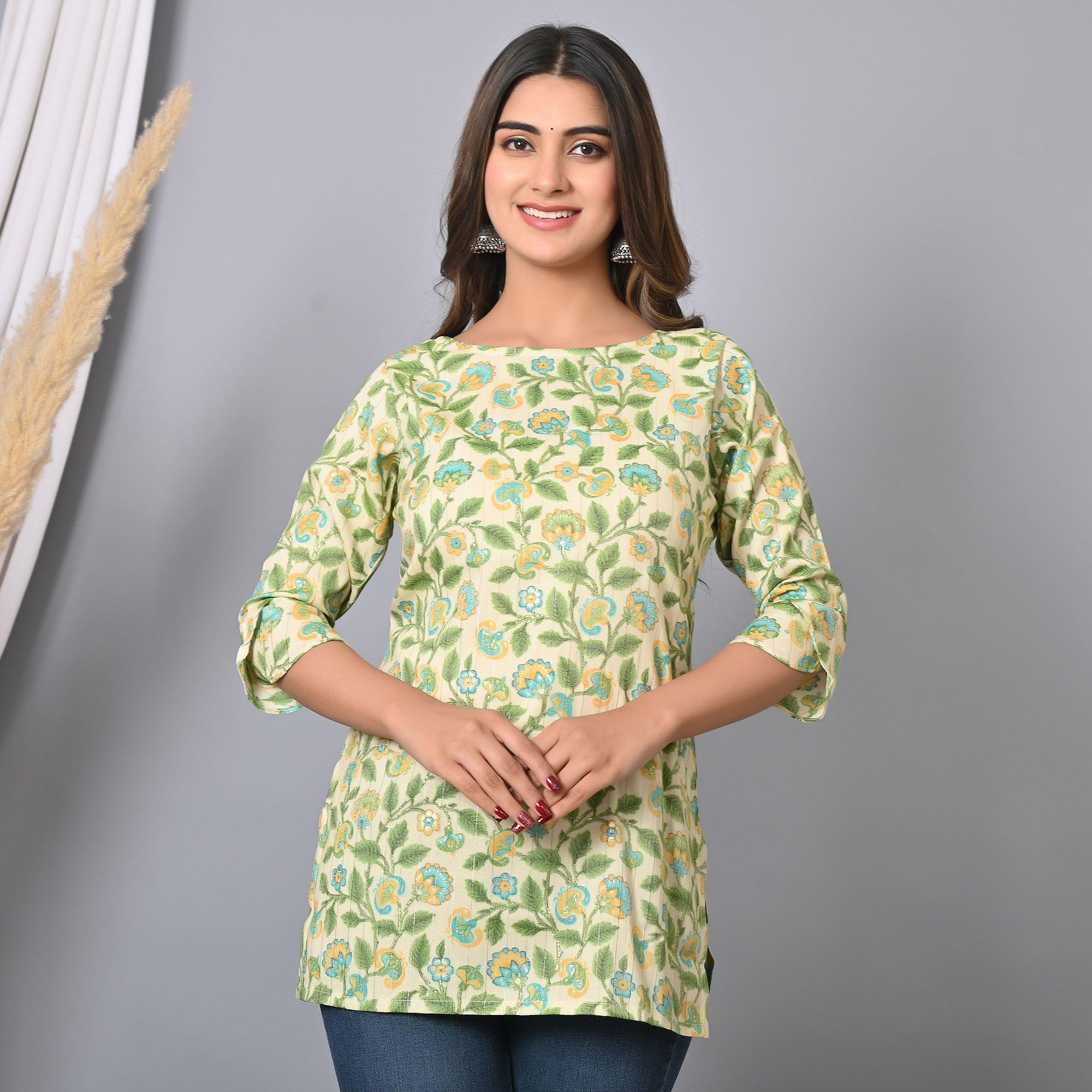 Green Floral Printed Rayon Top - Peachmode